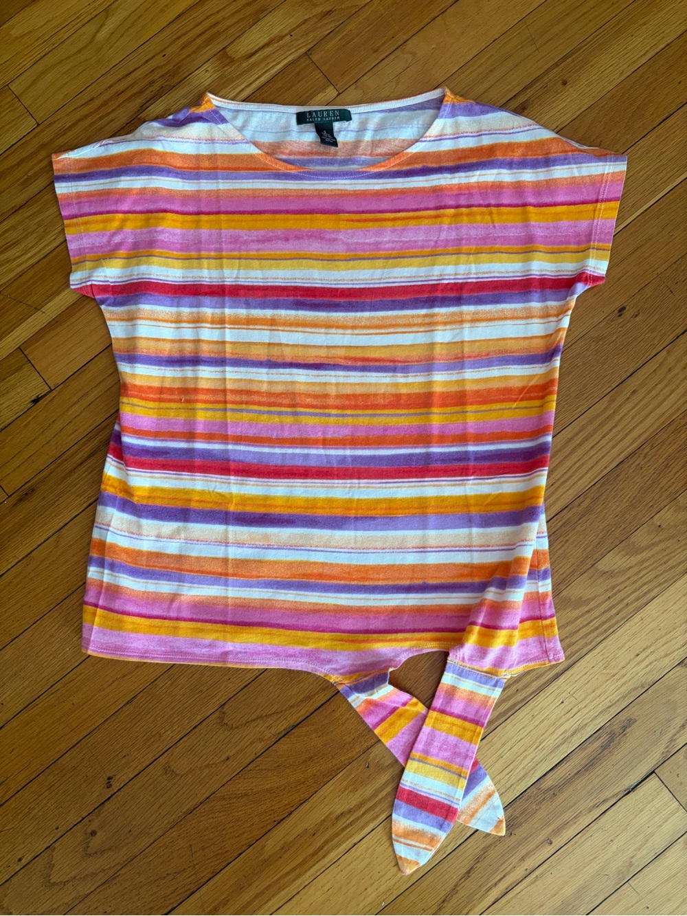 Lauren Ralph Lauren Pink Orange Stripe Tie-Hem Women's Top Sz Small. 100% Cotton